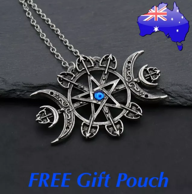 Blue Crystal Pentagram Triple Moon Witch Wicca Amulet Pendant Necklace Goth Gift