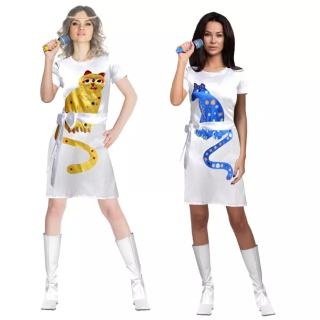 Abba Frida Agnetha Ladies 80s Costume Yellow Or Blue Cat Dress Dancing Queens