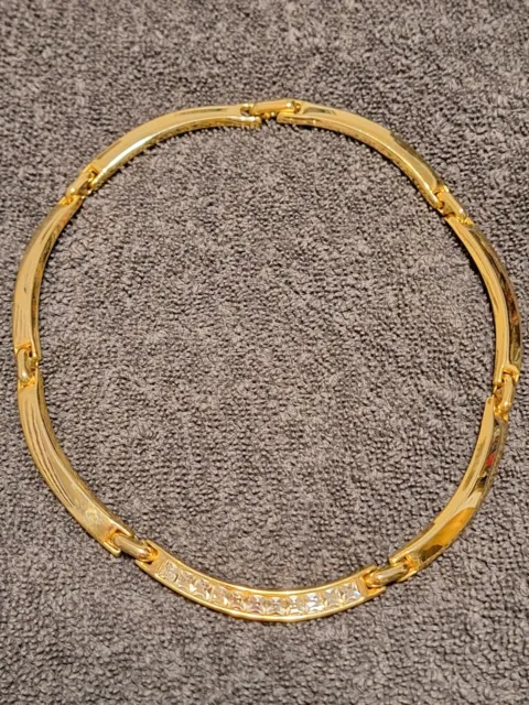Vintage Gold Tone Bar Link Necklace Choker Collar Clear Rhinestone