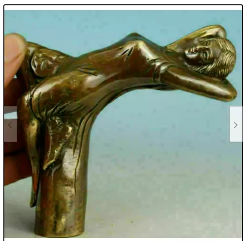 Old Bronze Handwork belle Statue Walking Stick Head Collectable Mermaid 3