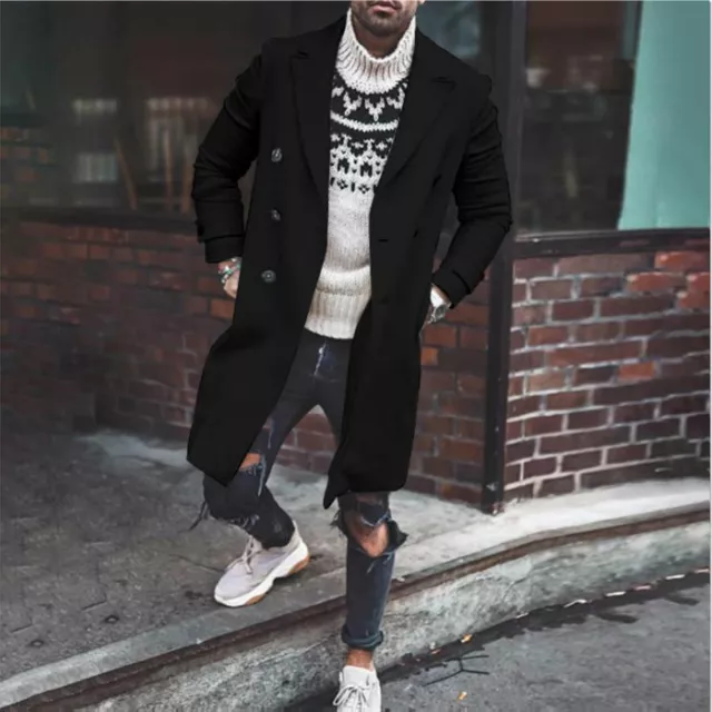 Mens Trench Coat Double Breasted Winter Warm Outwear Long Jacket Woolen Overcoat 4