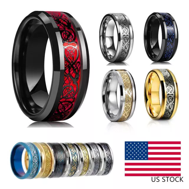 Men Women Gold Plated Blue Black Red Stainless Steel Celtic Dragon Band Ring 8mm