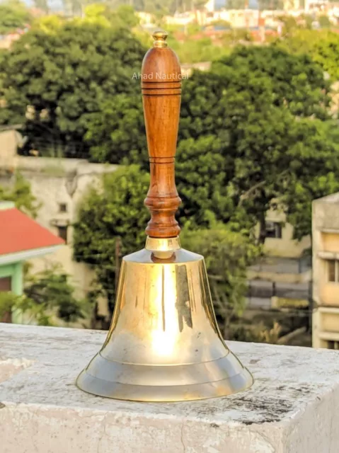 Large & Heavy Solid Brass Hand Bell School Bell Call Service Bell with Wood Hand
