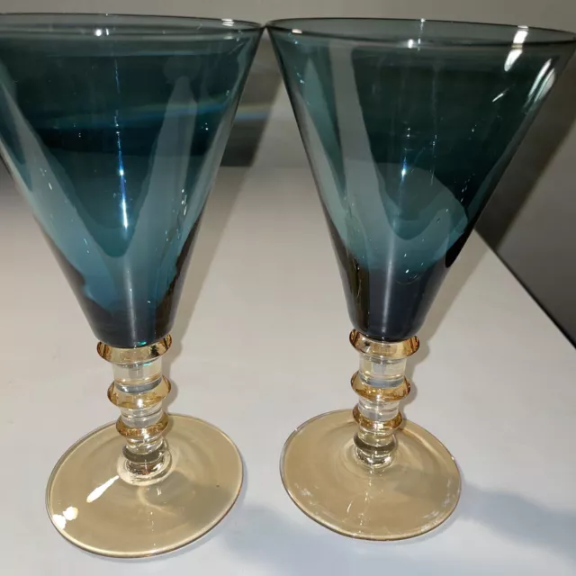 7" BLUE & TRANSLUCENT GOLD Colored WINE Cocktail Glass Glasses SET OF 2  NWOT