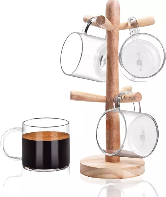 Aquach Coffee Glass Mugs Set of 4, 12 oz, Including Wooden Cup Holder Tree, 6 Ho