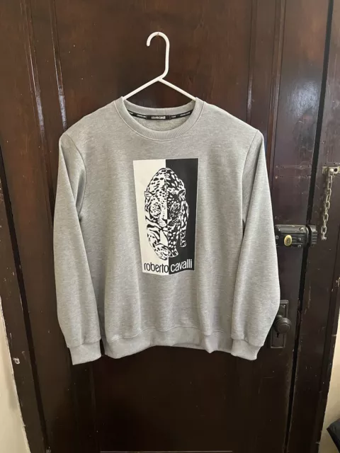 Roberto Cavalli Gray Crew Neck Sweatshirt Leopard Jaguar XL Black/ White Logo