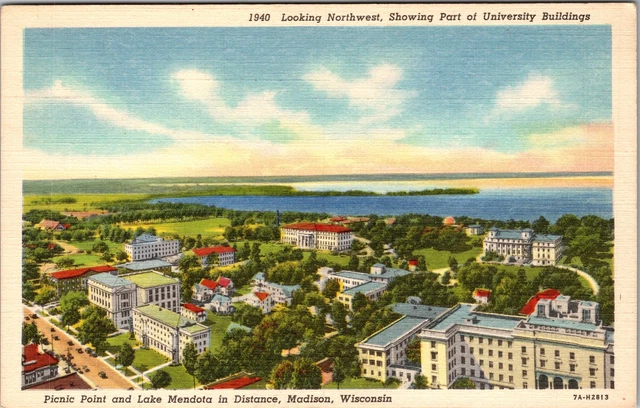 Madison WI-Wisconsin Lake Mendota, Aerial University View Vintage Postcard