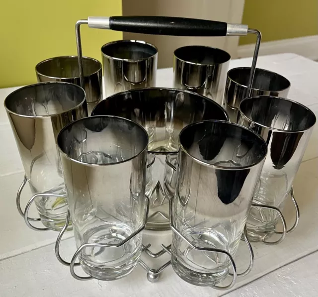 Dorothy Thorpe Silver Fade MCM Glass Set Tumbler Ice Bucket Caddy Barware 10pc