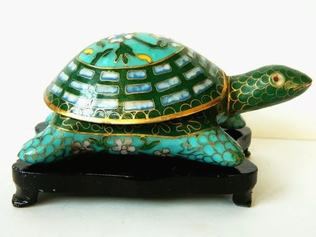 Vintage Large Cloisonne Enamel Tortoise Turtle Statue Figurine Box & Wooden Base