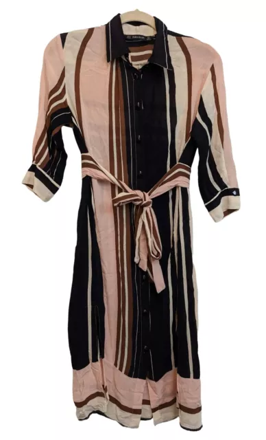 Zara Basic - Striped Print Button Up Belted Shirt Dress Brown Women's Size XS