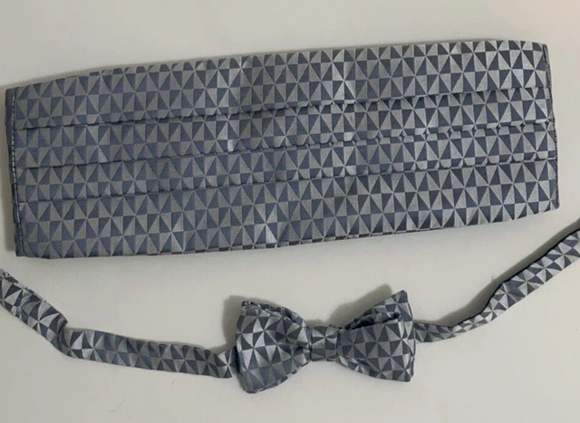 Cummerbund & Bow Tie Set Vintage Geometric Silver & Gray Adjustable