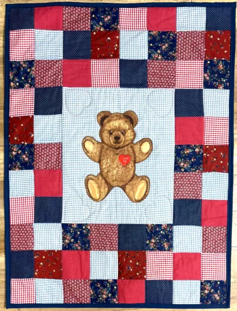 Baby Quilt Handmade Blue & Red Cotton Teddy Bear Applique 32" x 42"  New