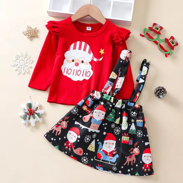 Toddler Baby Kids Girls Christmas Plaid Print Tops Suspender Skirts Outfits Set