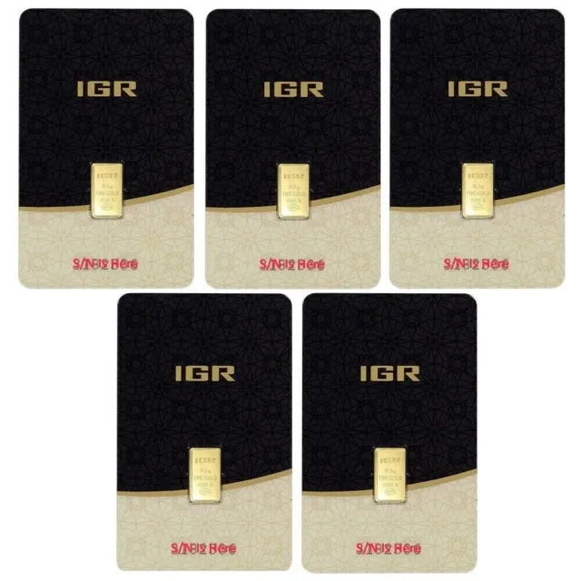 NICE! 5 bar pack! 1/2 Gram Each Bar! Pure Gold! IGR Mint 99.99 Bullion