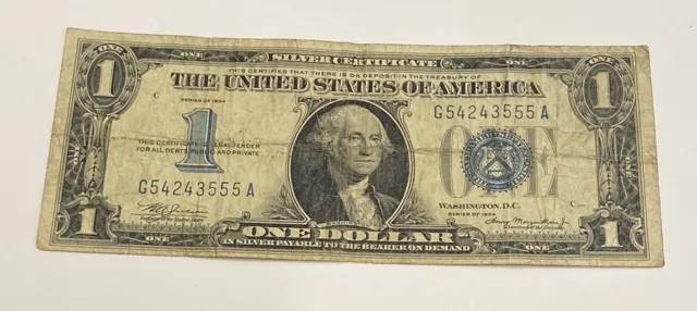 1934 $1 Silver Certificate Funny Back Note,Blue Seal,Circ Fine,Nice!