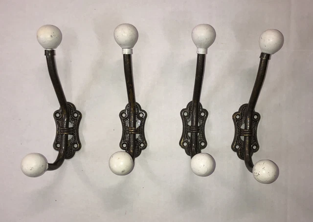 Lot of 4 Victorian Brass and Porcelain Double Coat Hat Hooks Reclaimed Salvage