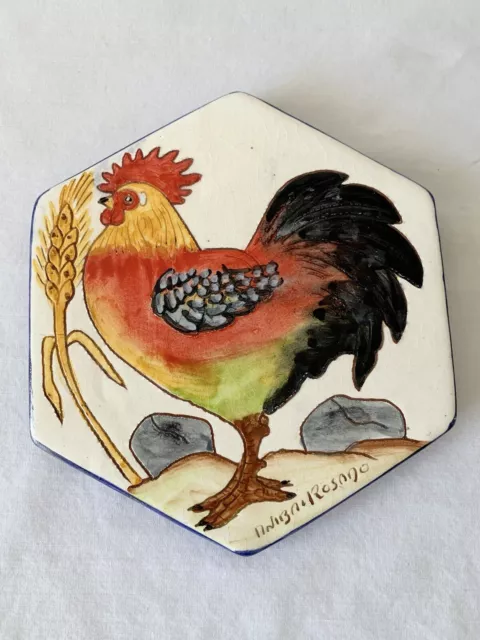 Hand Painted Ceramic Tile Trivet Hexagon Chicken Rooster Hen Portugal Signed