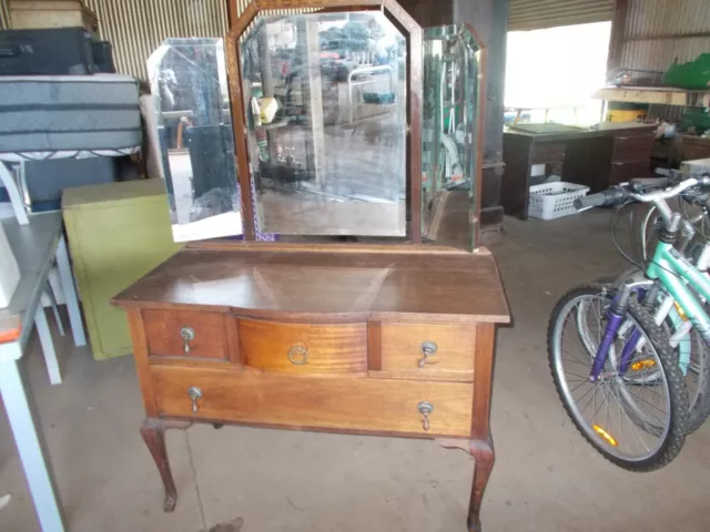 Vintage Solid Oak Dresser 3 Bevel Edge Adjustable Mirrors Queen Anne Legs $550