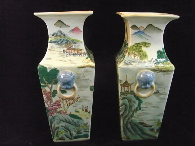Paire Vase Porcelaine Emaille Quadrangulaire Asiatique Chine China