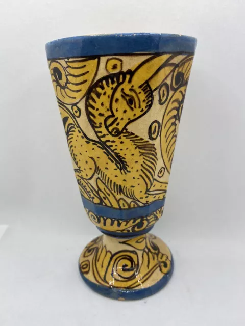 Vintage Persian Handmade Handpainted Yellow And Blue Clay Glazed Goblet Cup