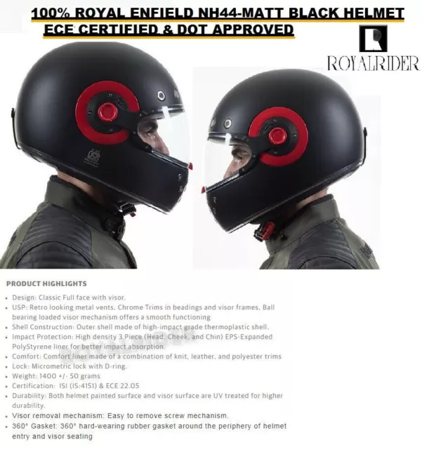 Royal Enfield "Nh44-Casco Negro Mate" Aprobado Ece Y Dot