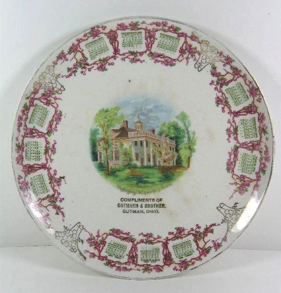 Antique 1910 Calendar Plate Washington's Home Mt Vernon VA Advertising Gutman OH