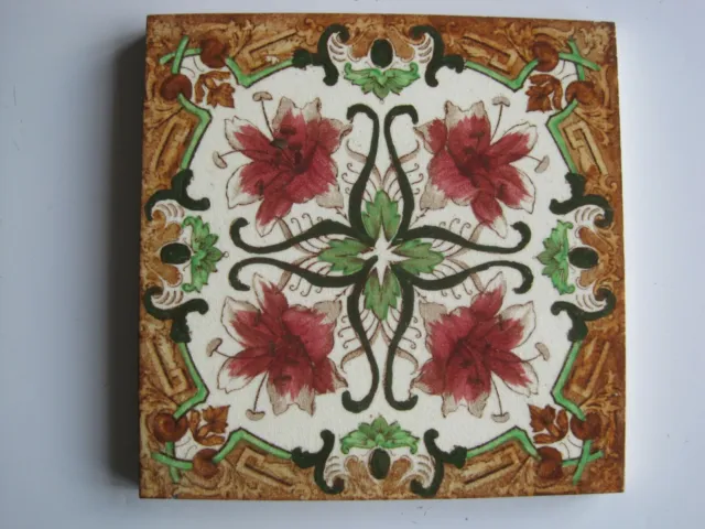 Antique 6" Print And Tint Floral Tile - H.& R. Johnson? Patent 27120 1904