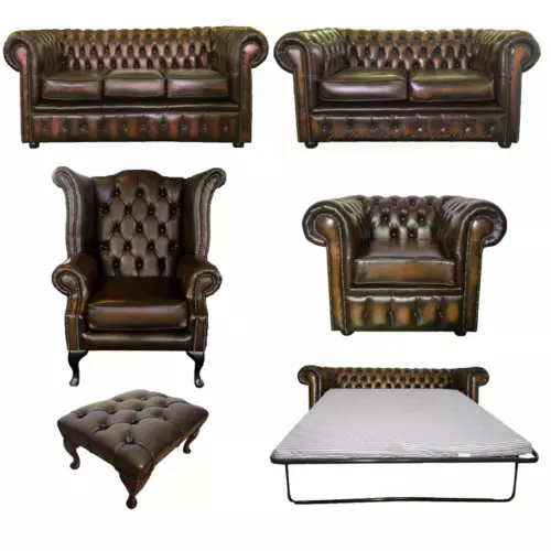 Genuine Leather Antique Brown Chesterfield Sofa Settee 3 2 Seater Armchair Stool