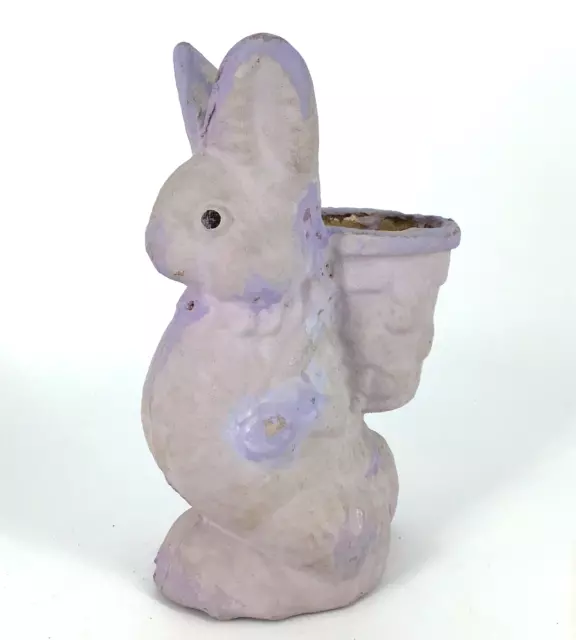 Vtg purple pulp PAPER MACHE EASTER BUNNY CANDY CONTAINER w basket 7 1/4"