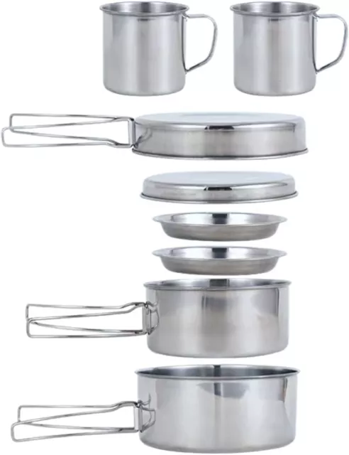 8pcs Camping Cookware Mess Kit Stainless Steel Outdoor Picnic Pot Cook Pan Set