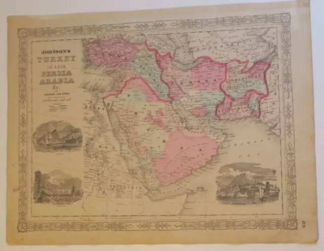 ORIGINAL Johnson's  c. 1864 HAND-COLORED Atlas Map,Turkey,Persia,Arabia,& Views
