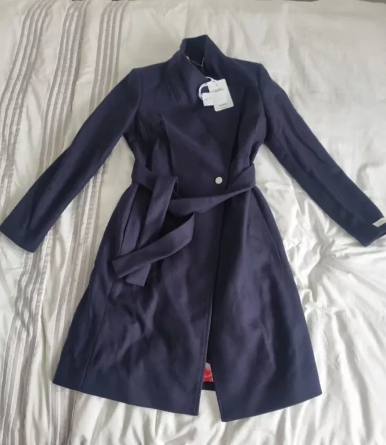 TED BAKER WINTER Coat Size 0 Navy Blue Sandra Wool Cashmere Rrp