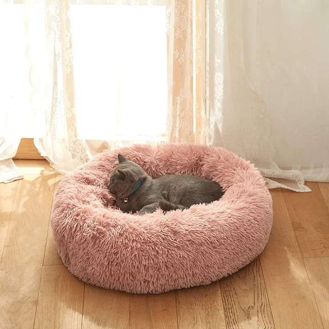 Plush Faux Fur round Pet Dog Bed, Comfortable Fuzzy Donut Cuddler Cushion for Do
