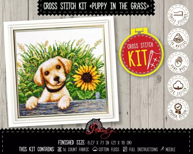 Labrador puppy cross stitch kit Golden Retriever Dog - Animal embroidery Kit