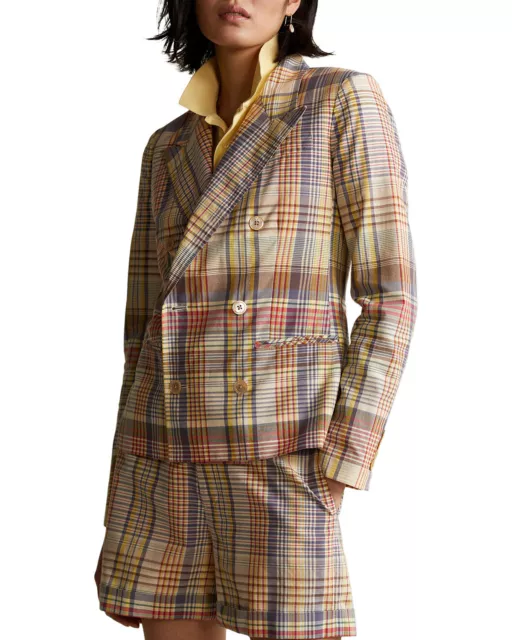 Polo Ralph Lauren MAULTI Plaid Madras Double-Breasted Linen Blazer, Size 6 NWOT