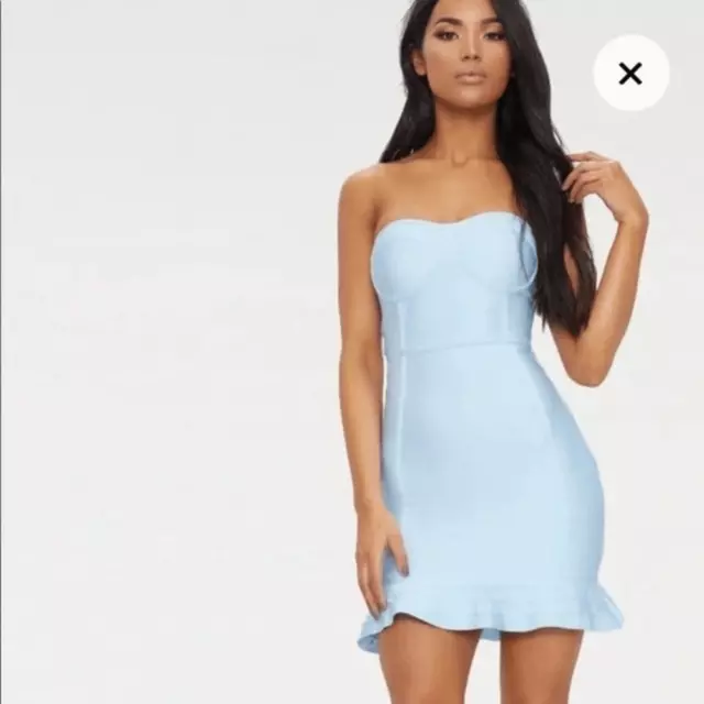 pretty little thing dusty blue bandage frill hem bodycon dress size 2