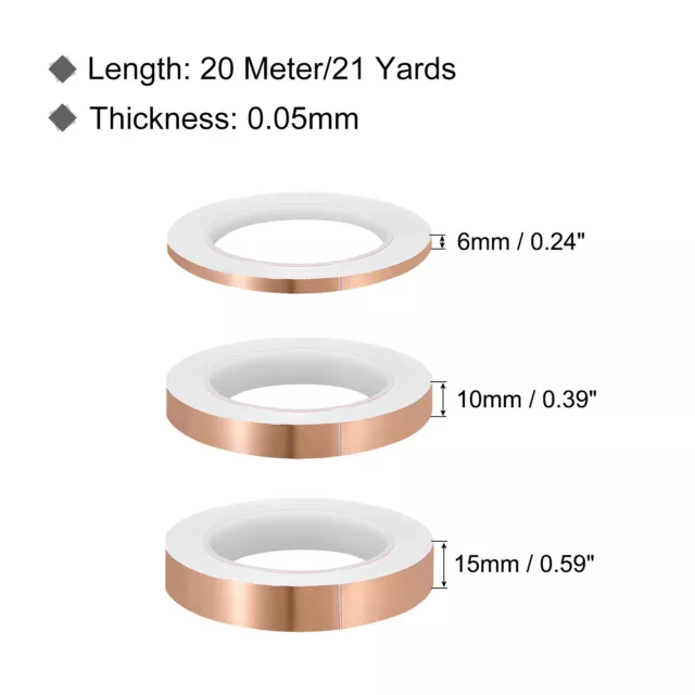 Copper Tape 0.24" 0.39" 0.59" 21 Yards 0.05mm Thick Single Sided 1 Set 2
