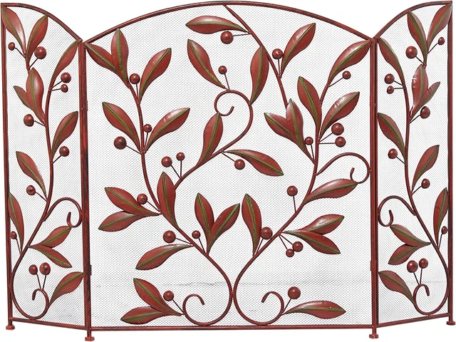 Deco 79 Metal Foldable Mesh Netting 3 Panel Fireplace Screen with Leaf and Vine