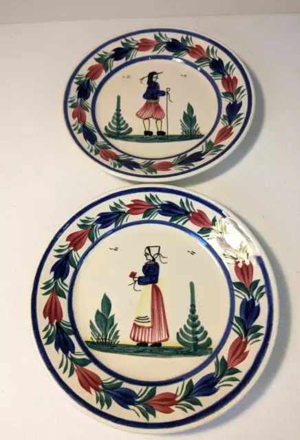 Pair of Vintage Faience Henriot Quimper Pottery Plates Breton Man and Woman