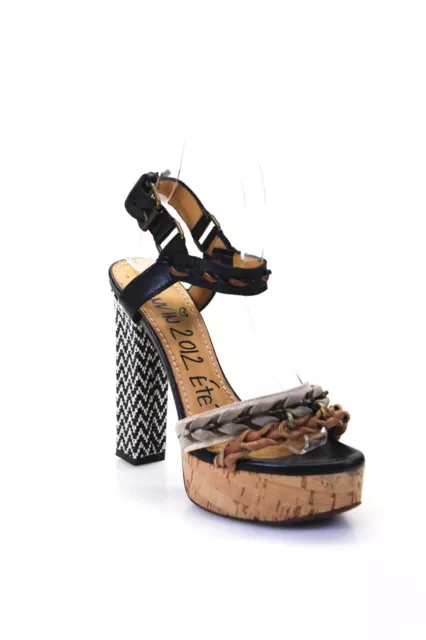 Lanvin Womens Block Heel Platform Strappy Sandals Black Brown Leather Size 36
