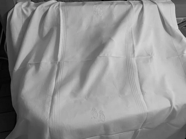 linge ancien Grande Nappe DOUBLE Monogramme G G Richement Brodé