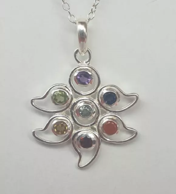 Noble 0,7 Carat Chakra Pendentif Collier Chaîne 925 Argent 7 Pierres Haut