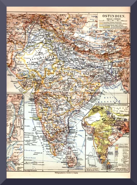 alte Landkarte +OSTINDIEN + INDIA 1895 +Kalkutta,Bombay,Madras,Delhi+  PROVINZEN