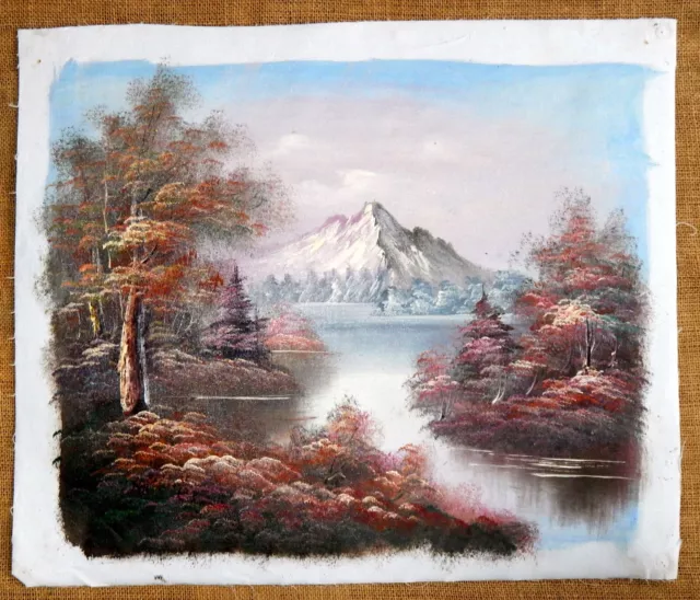 Vintage Oil Painting Canvas Landscape Trees Mountain Lake Scene #C 2