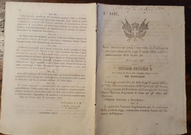 15082-R. Decreto, Vittorio Emanuele Ii N° 1007, Regolamento Amministr. Opere Pie