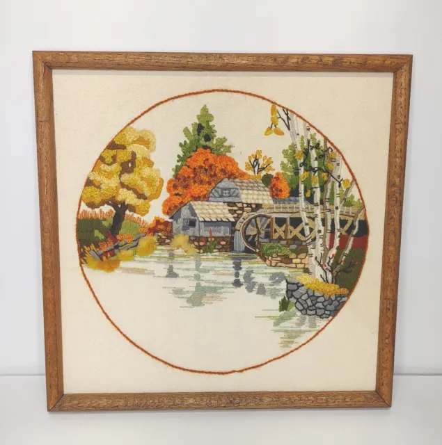 Vintage Sunset Fall Mill Pond Crewel Embroidery Framed Completed 17 X 17"