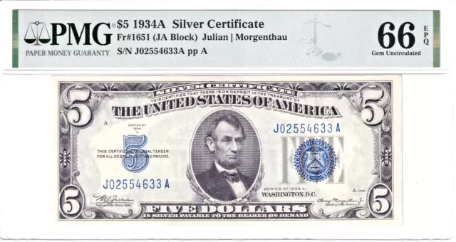 1934-A $5 Silver Certificate JA Block PMG Gem Uncirculated 66EPQ #J02554633A