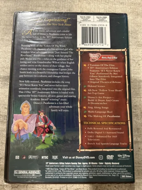 Disney's Pocahontas (DVD, 2005, 2-Disc Set, 10th Anniversary Edition) Sealed 2