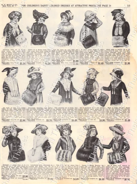 Vintage Macy's Paper Ad Girls' Fur Shawls & Muffs Edwardian Fashion Trapper 1911
