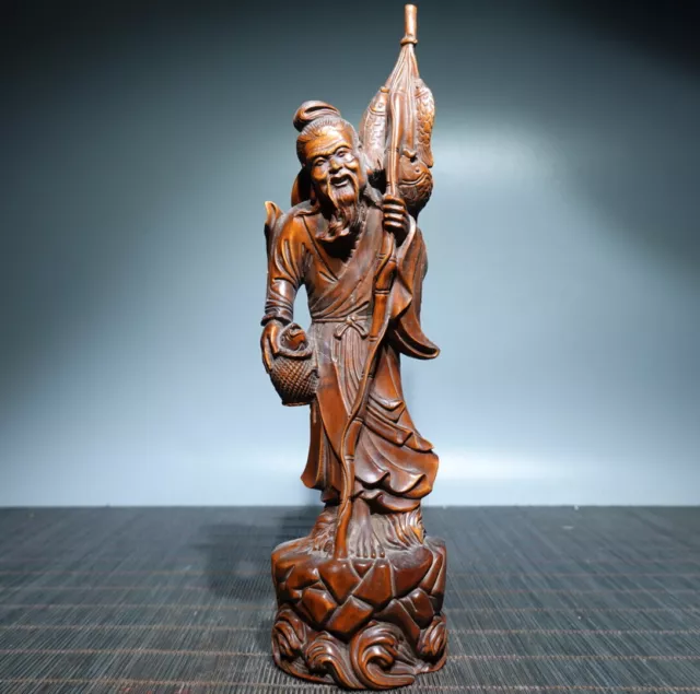 Vintage Wooden Statue Chinese Figurines Carved Fisherman Sculpture Home Decor